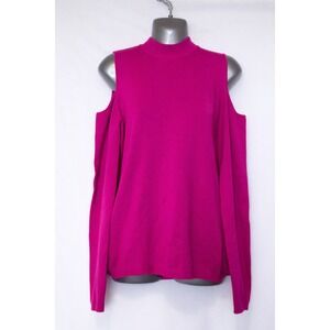 Gianni Bini Womens Fuchsia Pink Cold Shoulder Mock Neck Knit Sweater Top Medium